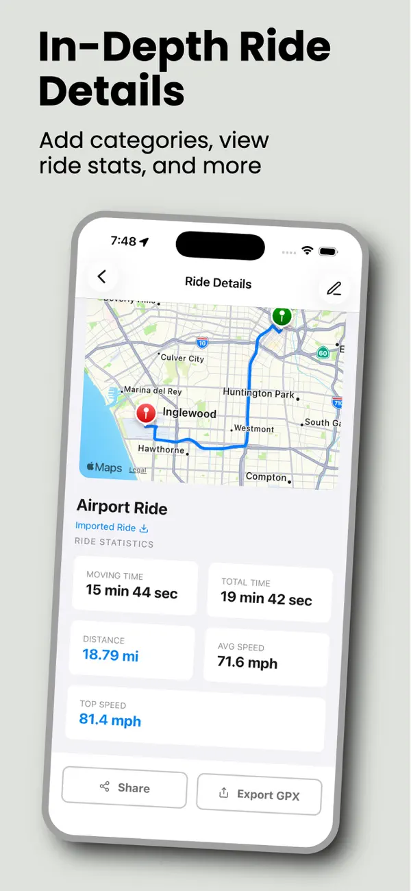 Ride Tracker ride details showing a mapped route and trip statistics