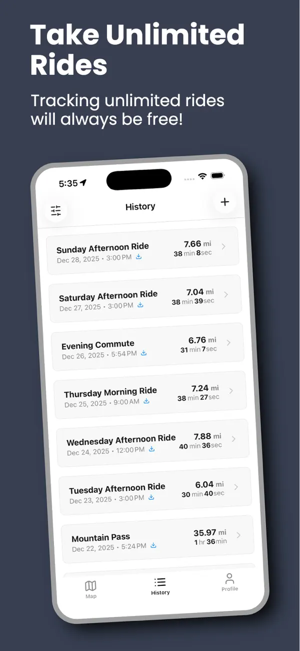 Ride Tracker history showing a list of recorded rides