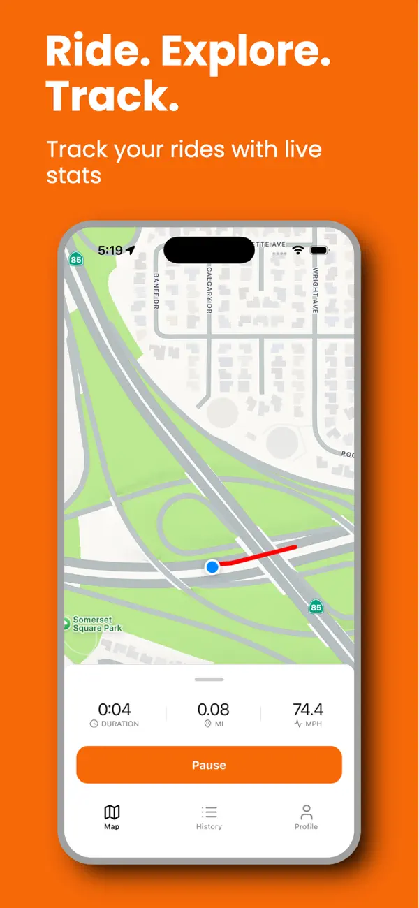 Ride Tracker recording a route with live duration, distance, and speed